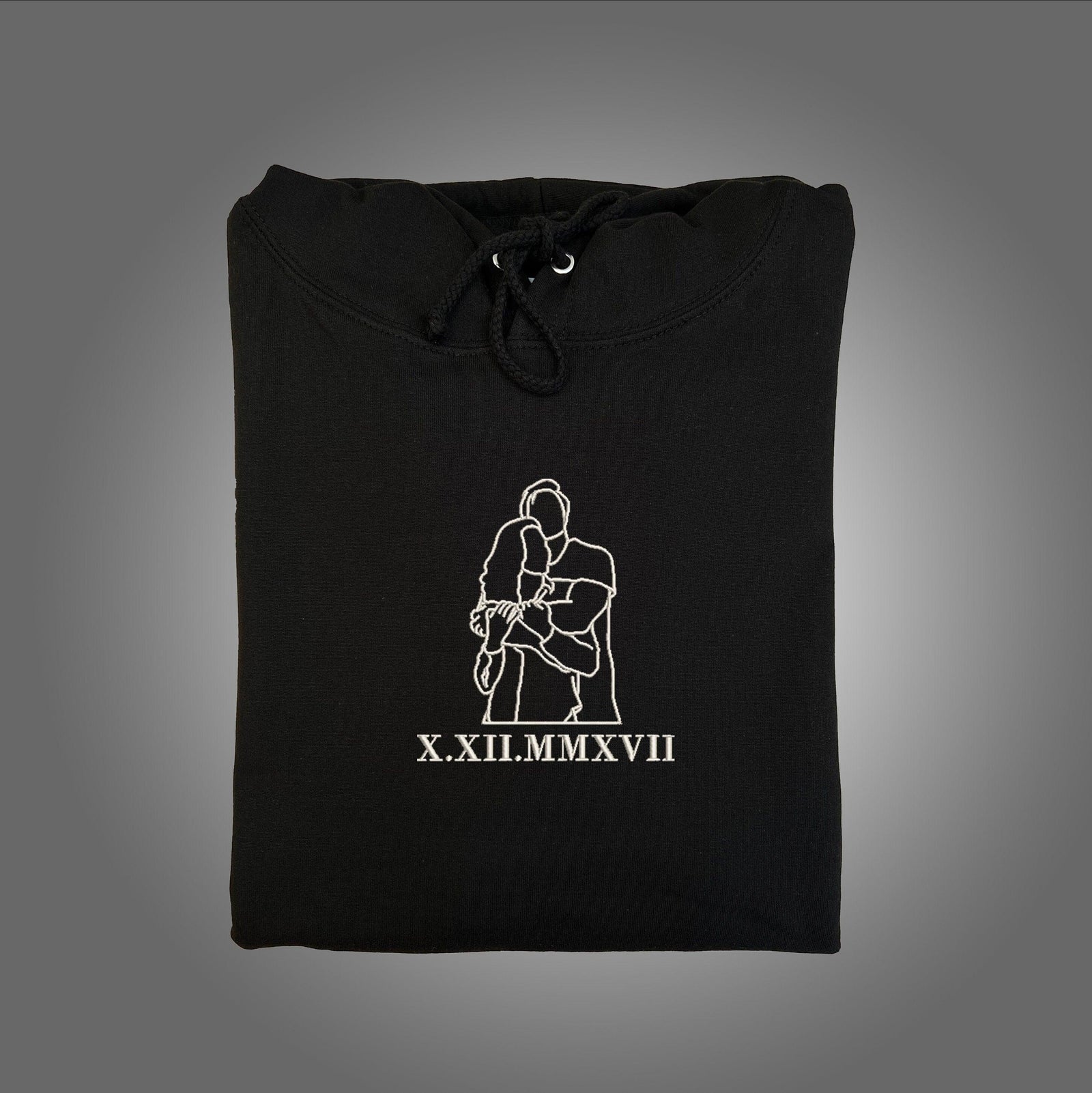 Personalized Embroidered Portrait Outline Photo Roman Numeral Couples Matching Embroidered Sweatshirt