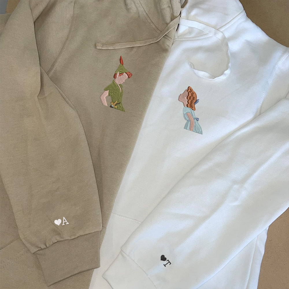 Custom Embroidered Hoodies For Couples, Personalized Couple Hoodies, His Her Hoodies, Cute Peter x Wendy Cartoons Couples Embroidered Hoodie