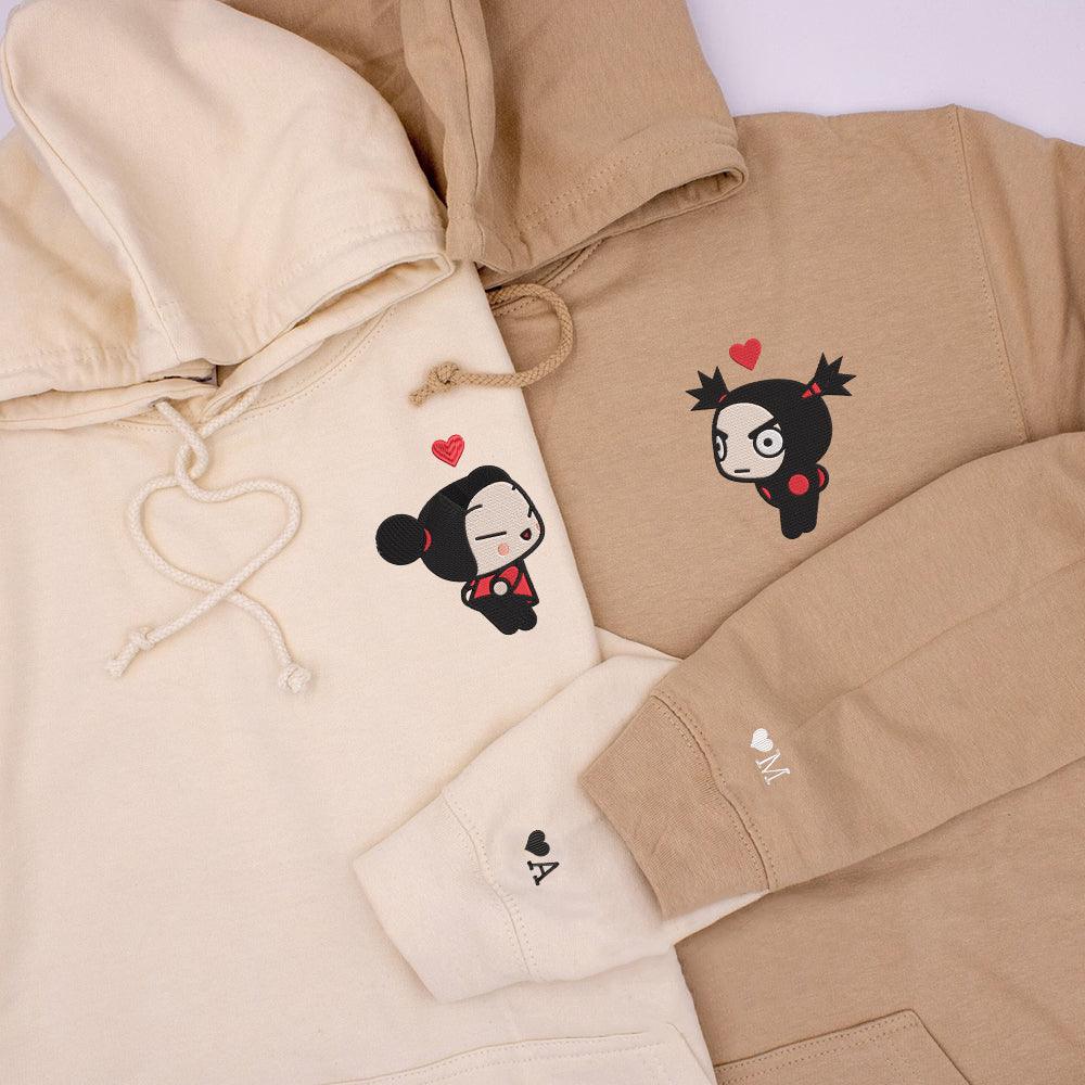 Custom Embroidered Hoodies For Couples, Custom Matching Couple Hoodie, Pucca Garu Cartoon Lovely Couples Embroidered Hoodie