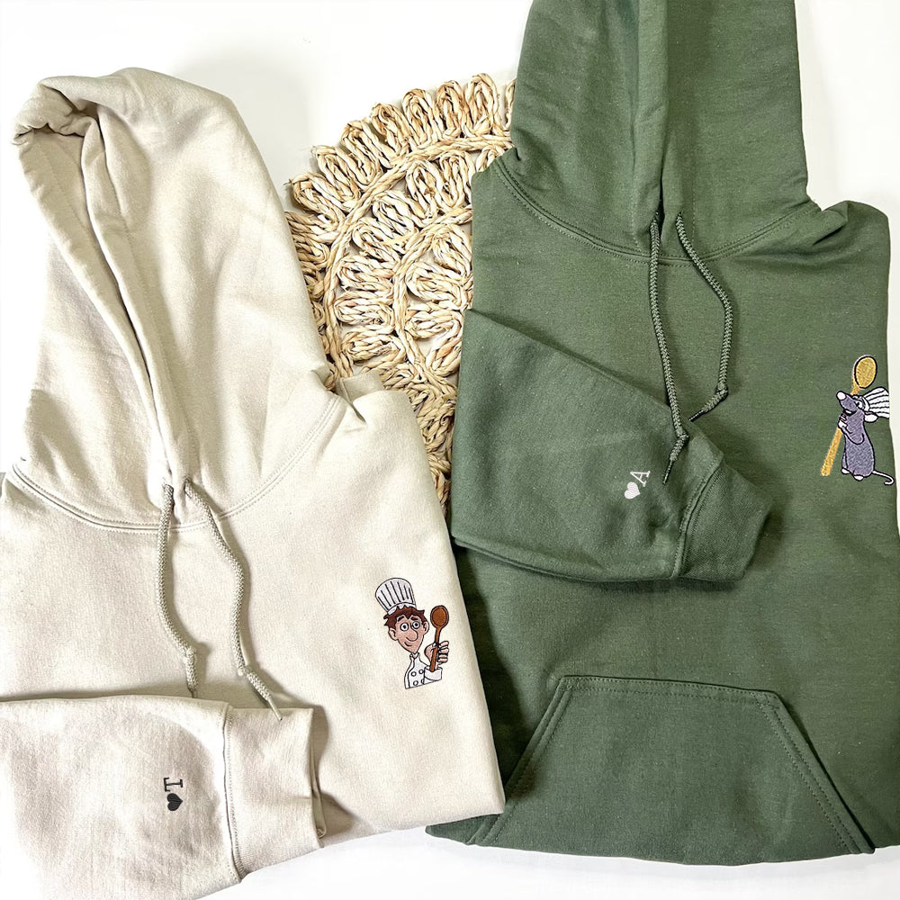 Custom Embroidered Hoodies For Couples, Personalized Couple Hoodies, His Her Hoodies, Cute Chef x Mouse Cartoons Couples Embroidered Hoodie