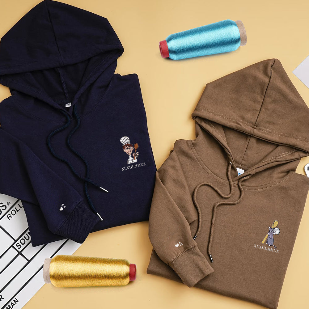 Custom Embroidered Roman Numeral Hoodies For Couples, Roman Numeral Date Hoodie, Chef x Mouses Cartoon Couples Embroidered Hoodie