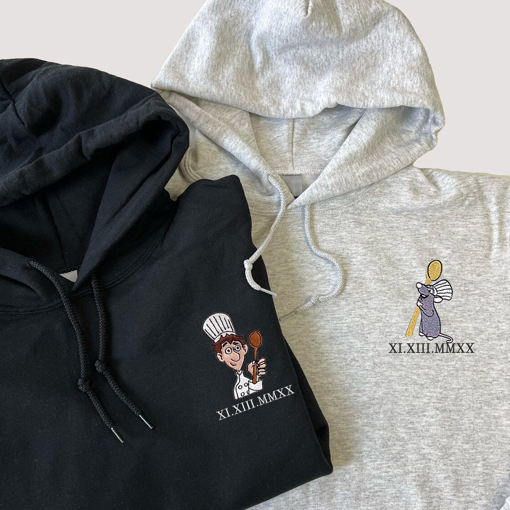 Custom Embroidered Roman Numeral Hoodies For Couples, Roman Numeral Date Hoodie, Chef x Mouses Cartoon Couples Embroidered Hoodie