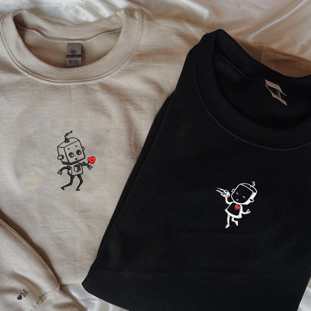 Custom Embroidered Sweatshirts For Couples, Custom Matching Couple Sweatshirt, Robot Heart Couples Embroidered Crewneck Sweater