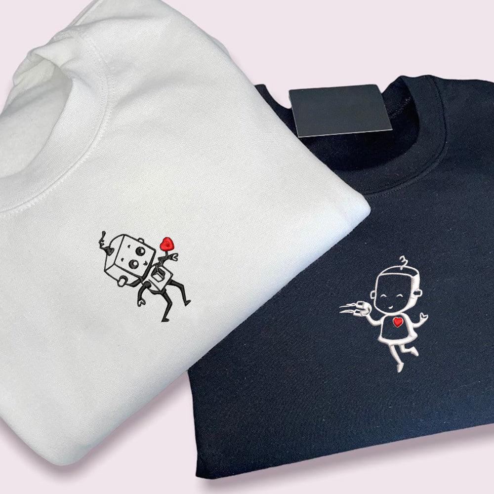 Custom Embroidered Sweatshirts For Couples, Custom Matching Couple Sweatshirt, Robot Heart Couples Embroidered Crewneck Sweater