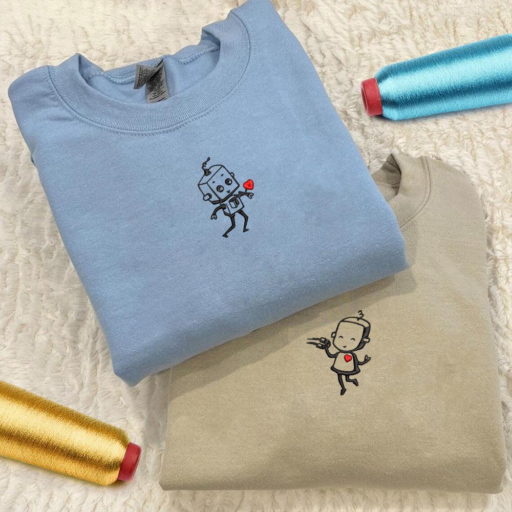 Custom Embroidered Sweatshirts For Couples, Custom Matching Couple Sweatshirt, Robot Heart Couples Embroidered Crewneck Sweater