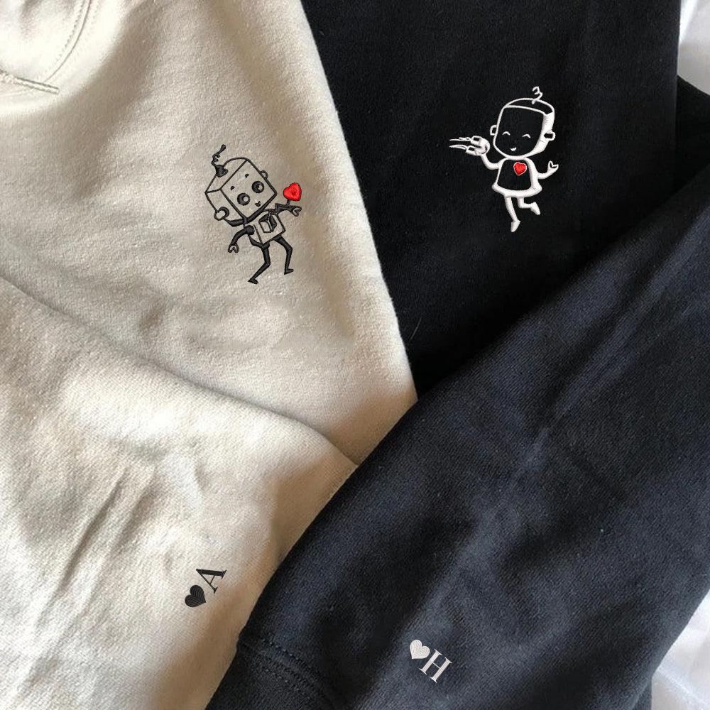 Custom Embroidered Hoodies For Couples, Custom Matching Couple Hoodie, Robot Heart Couples Embroidered Hoodie