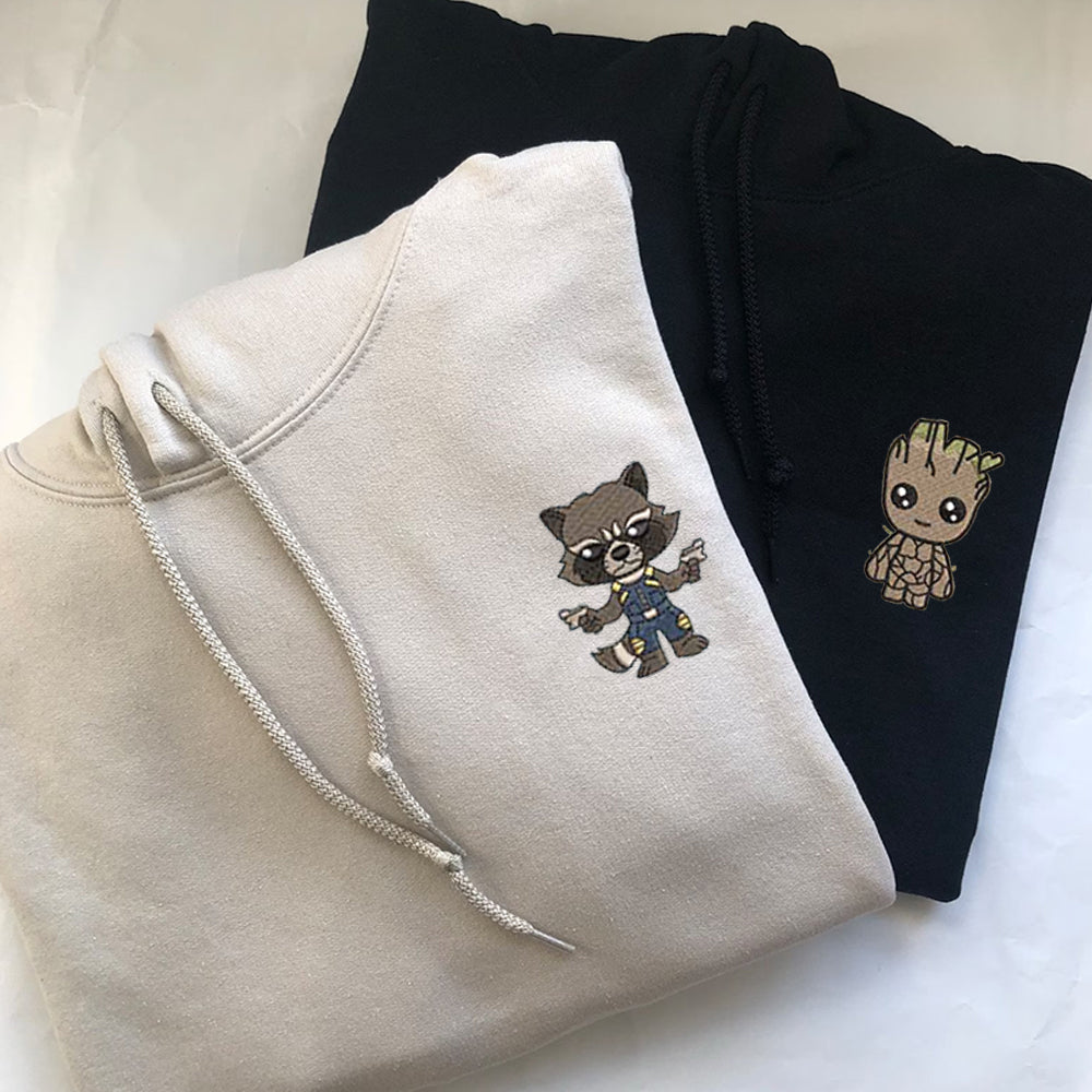 Custom Embroidered Hoodies For Couples, Personalized Couple Hoodies, His Her Hoodies, Cute Rocket Cartoons Couples Embroidered Hoodie