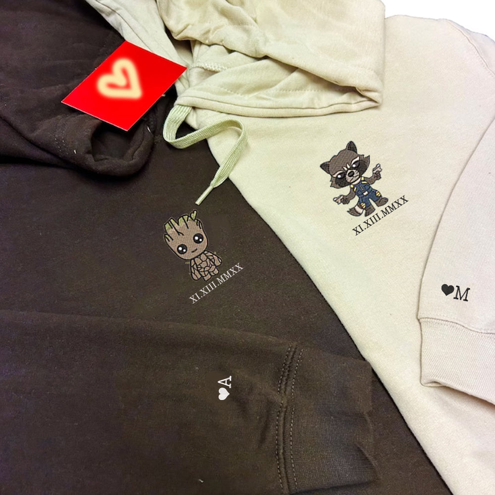 Custom Embroidered Roman Numeral Hoodies For Couples, Roman Numeral Date Hoodie, Cute Rocket Cartoon Couples Embroidered Hoodie