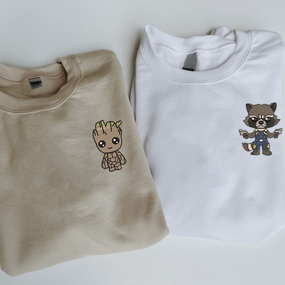 Custom Embroidered Sweatshirts For Couples, Custom Matching Couple Sweatshirt, Cute Rocket Cartoon Couples Embroidered Crewneck Sweater