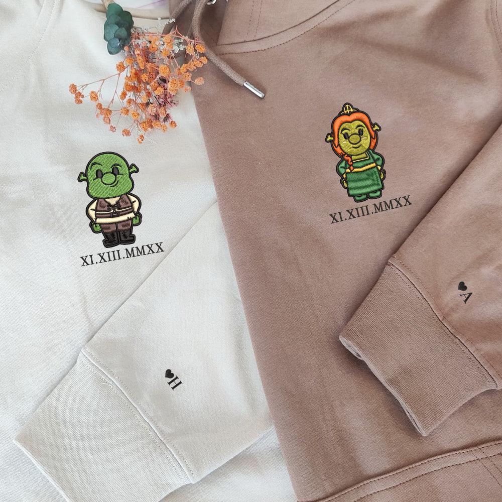 Custom Embroidered Roman Numeral Hoodies For Couples, Roman Numeral Date Hoodie, Cute Cartoon Orge x Princess Couples Embroidered Hoodie