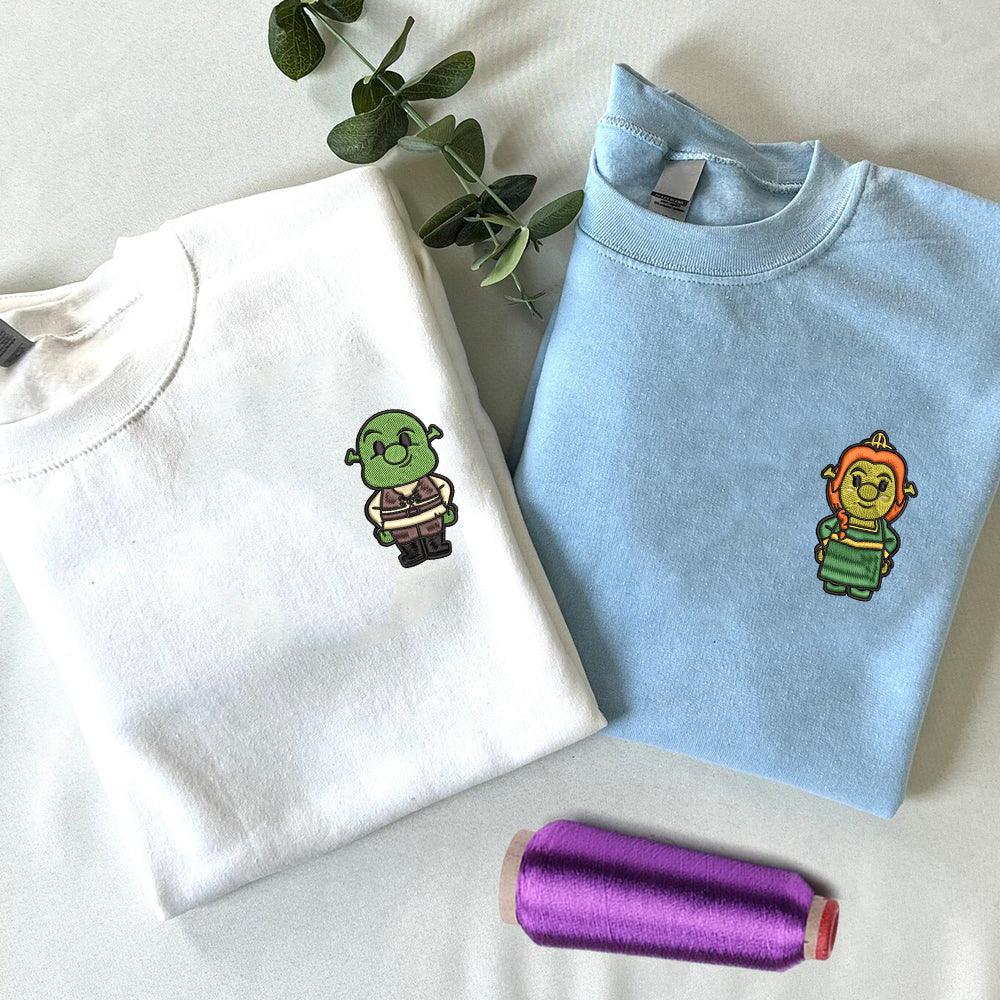 Custom Embroidered Sweatshirts For Couples, Custom Matching Couple Sweatshirt, Cute Ogre x Princess Cartoon Couples Embroidered Crewneck Sweater