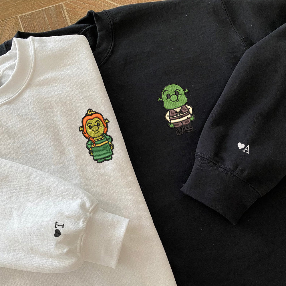Custom Embroidered Sweatshirts For Couples, Custom Matching Couple Sweatshirt, Cute Ogre x Princess Cartoon Couples Embroidered Crewneck Sweater