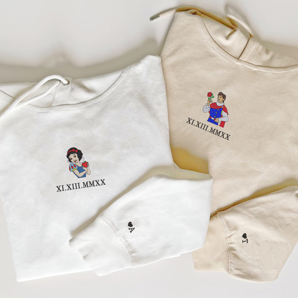 Custom Embroidered Roman Numeral Hoodies For Couples, Roman Numeral Date Hoodie, Snow Princess Cartoon Couples Embroidered Hoodie