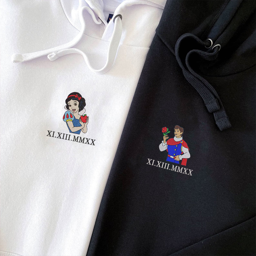 Custom Embroidered Roman Numeral Hoodies For Couples, Roman Numeral Date Hoodie, Snow Princess Cartoon Couples Embroidered Hoodie