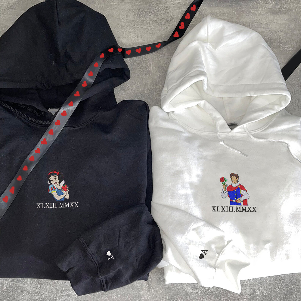 Custom Embroidered Roman Numeral Hoodies For Couples, Roman Numeral Date Hoodie, Snow Princess Cartoon Couples Embroidered Hoodie