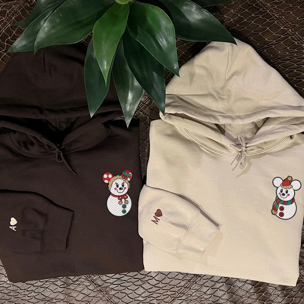 Custom Embroidered Hoodies For Couples, Snowman Christmas Couples Embroidered Hoodie