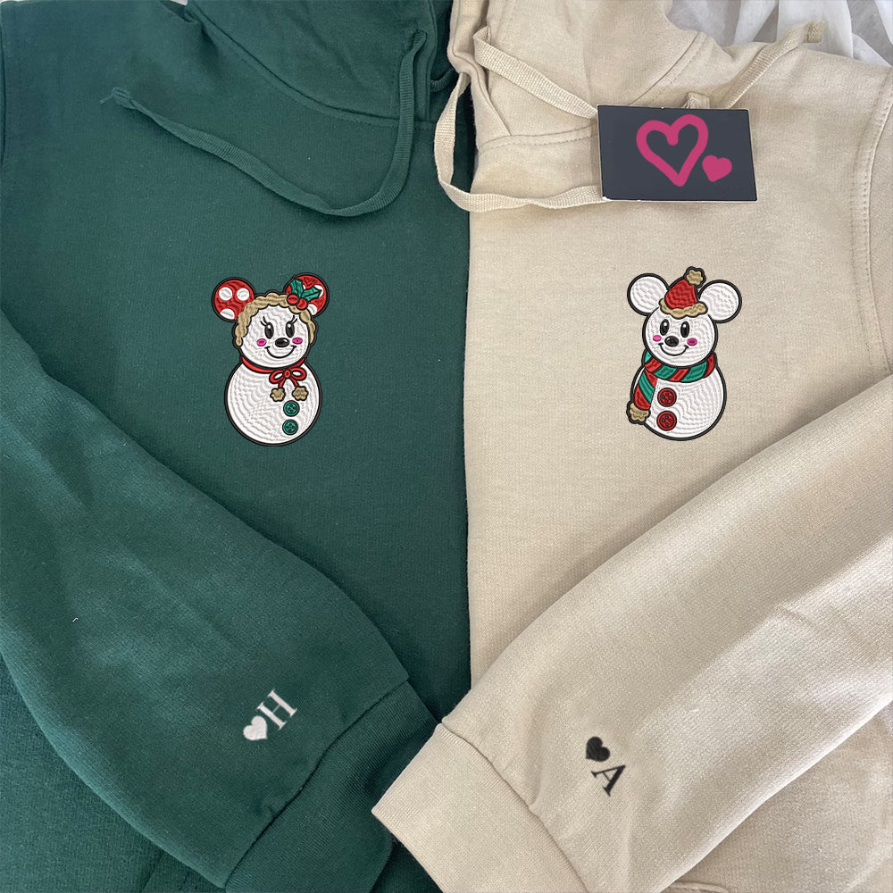 Custom Embroidered Hoodies For Couples, Snowman Christmas Couples Embroidered Hoodie