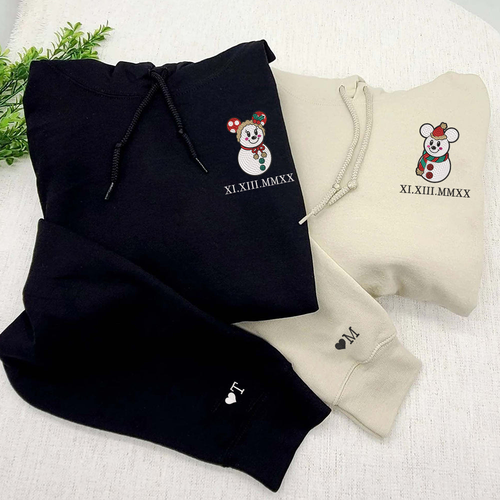 Custom Embroidered Roman Numeral Date Hoodies For Couples, Snowman Christmas Couples Embroidered Hoodie