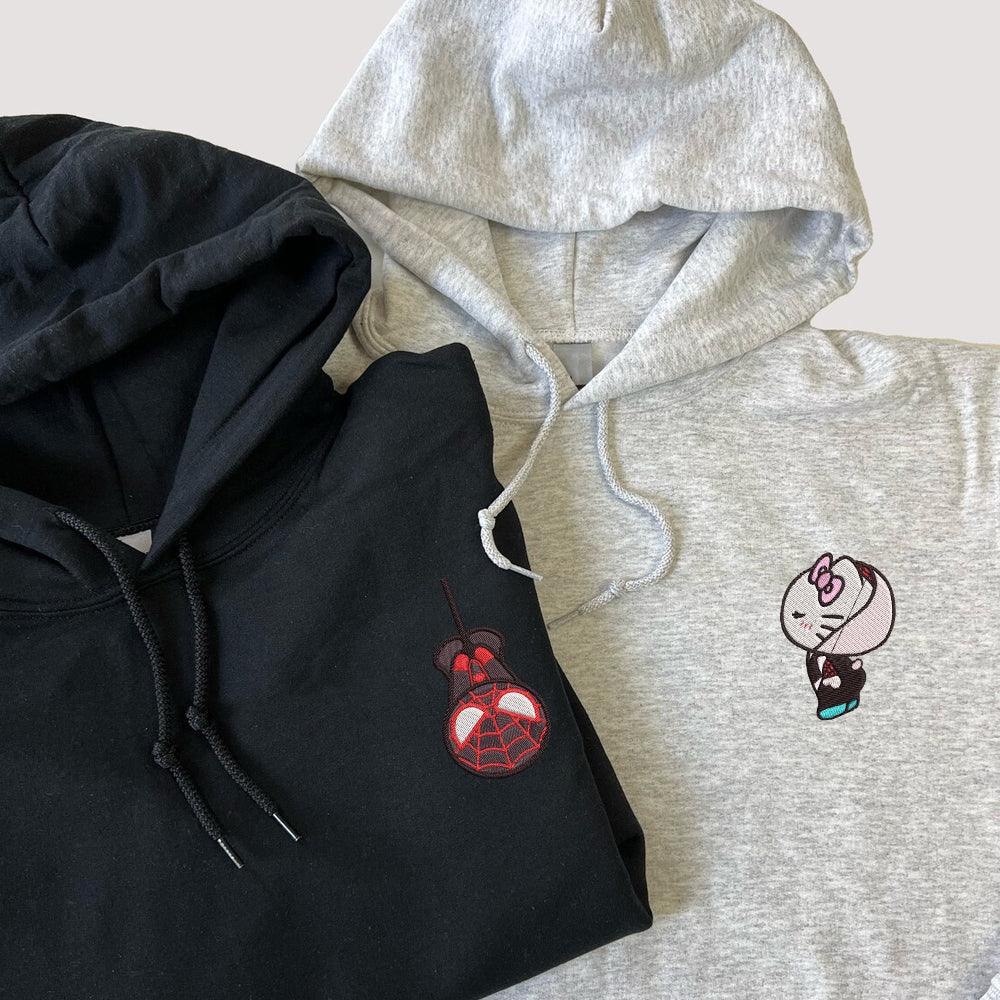 Custom Embroidered Sweatshirts For Couples, Custom Matching Couple Sweatshirt, Spider Miles x Kitten Gwen Couples Embroidered Crewneck Sweater V1