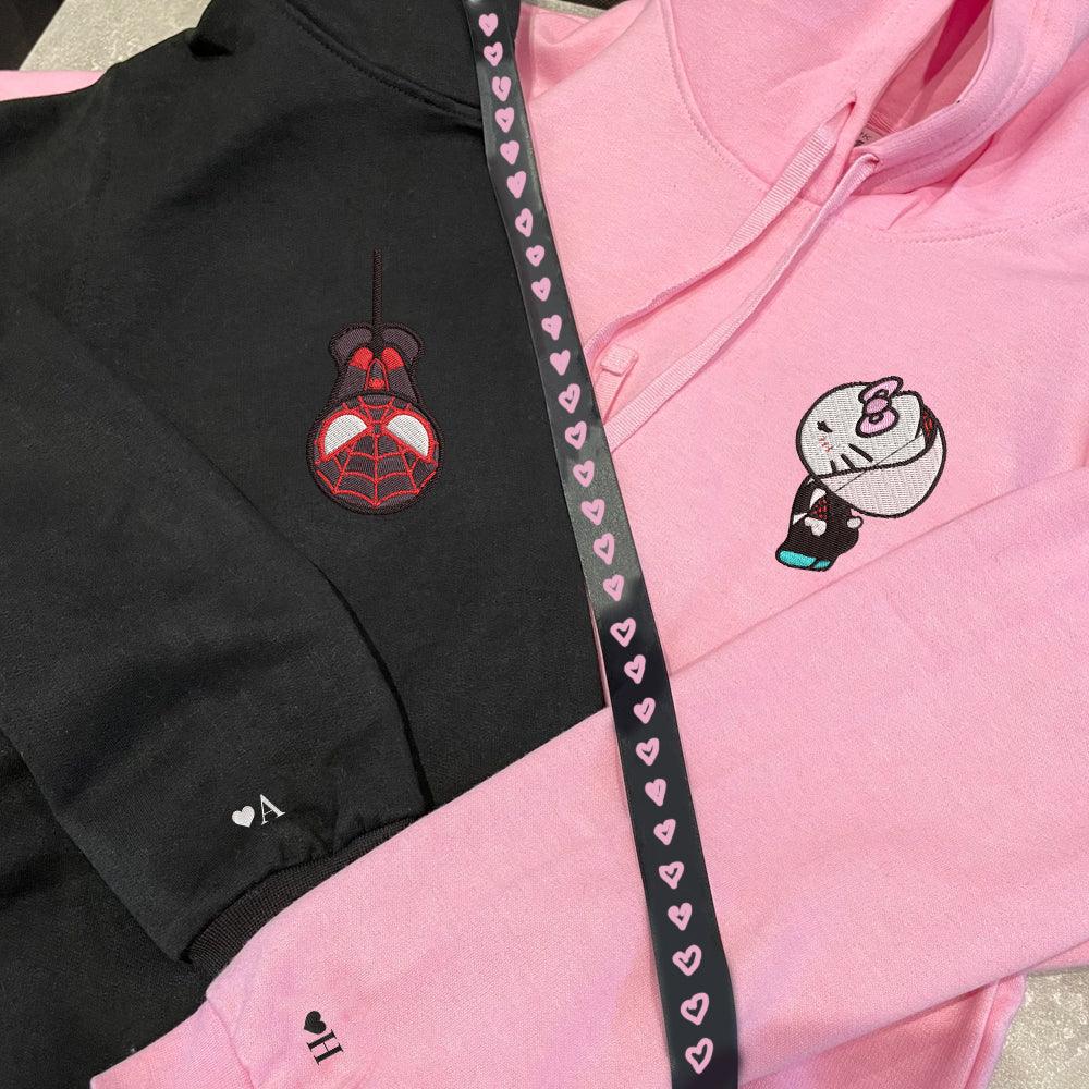 Custom Embroidered Hoodies For Couples, Custom Matching Couple Hoodie, Spider Miles x Kitten Gwen Couples Embroidered Hoodie V1