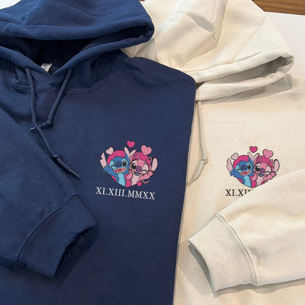 Custom Embroidered Roman Numeral Date Hoodies For Couples, Cute Stitch x Angel Couples Embroidered Hoodie
