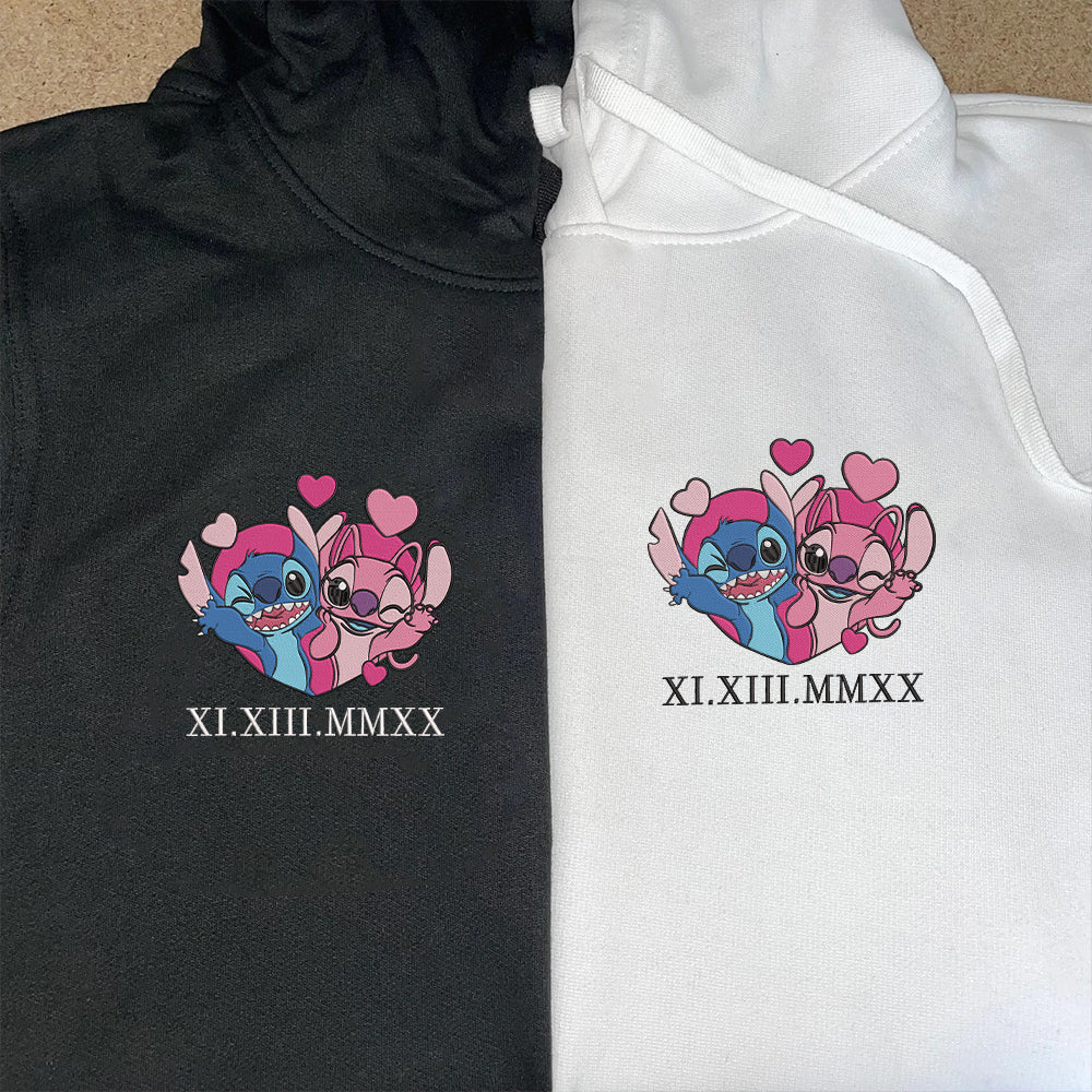 Custom Embroidered Roman Numeral Date Hoodies For Couples, Cute Stitch x Angel Couples Embroidered Hoodie