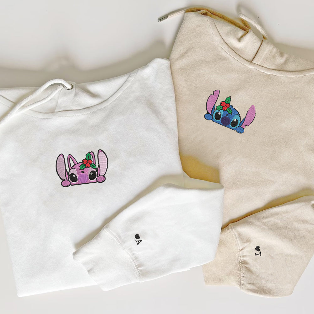 Custom Embroidered Hoodies For Couples, Personalized Couple Hoodies, His Her Hoodies, Christmas Stitch x Angel Couples Embroidered Hoodie