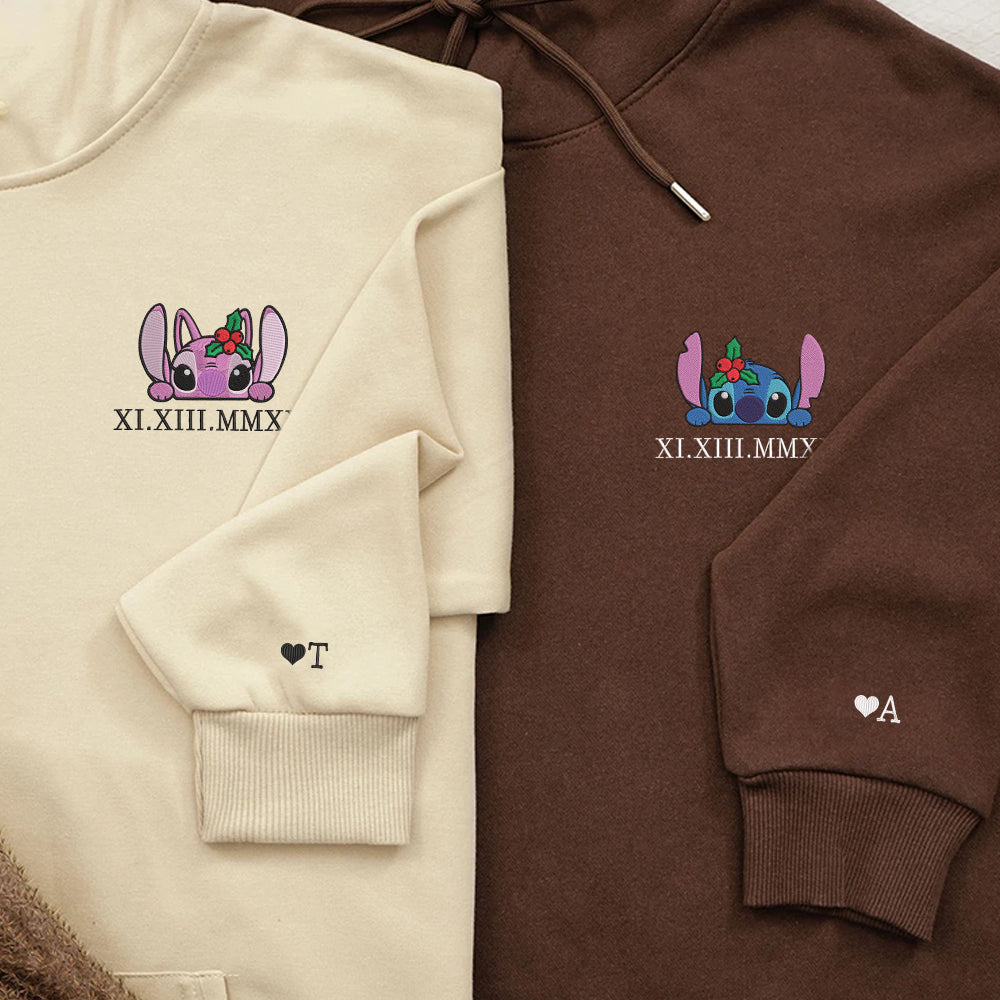 Custom Embroidered Roman Numeral Hoodies For Couples, Roman Numeral Date Hoodie, Stitch x Angel Cartoon Couples Embroidered Hoodie