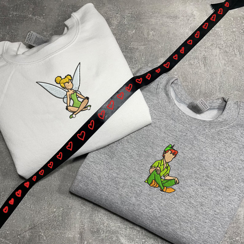 Custom Embroidered Sweatshirts For Couples, Custom Matching Couple Sweatshirt, Cute Fairy x Peter Couples Embroidered Crewneck Sweater