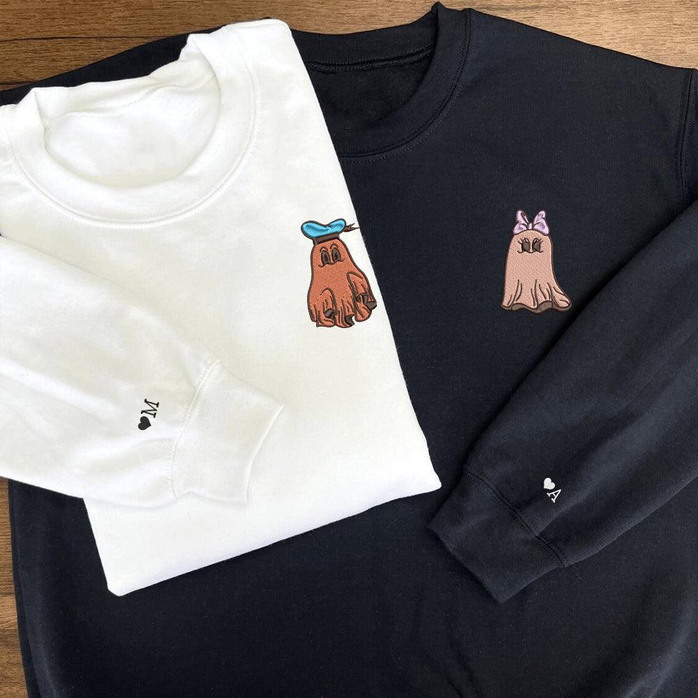 Custom Embroidered Halloween Sweatshirts For Couples, Custom Matching Couple Sweatshirt, Trick or Treat Ghost Duck Couples Embroidered Sweater