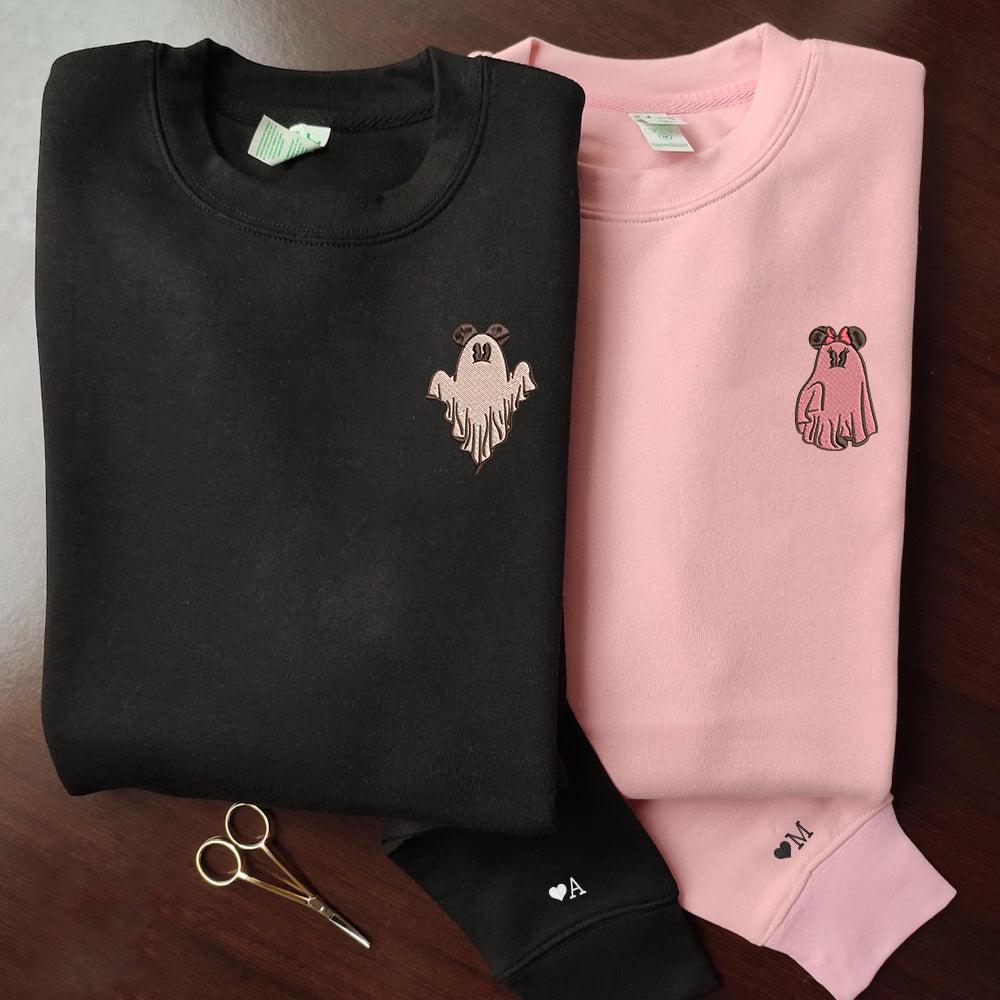 Custom Embroidered Halloween Sweatshirts For Couples, Custom Matching Couple Sweatshirt, Trick or Treat Ghost Mouses Couples Embroidered Sweater
