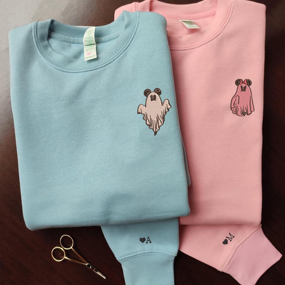 Custom Embroidered Halloween Sweatshirts For Couples, Custom Matching Couple Sweatshirt, Trick or Treat Ghost Mouses Couples Embroidered Sweater