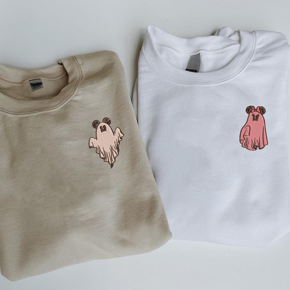 Custom Embroidered Halloween Sweatshirts For Couples, Custom Matching Couple Sweatshirt, Trick or Treat Ghost Mouses Couples Embroidered Sweater
