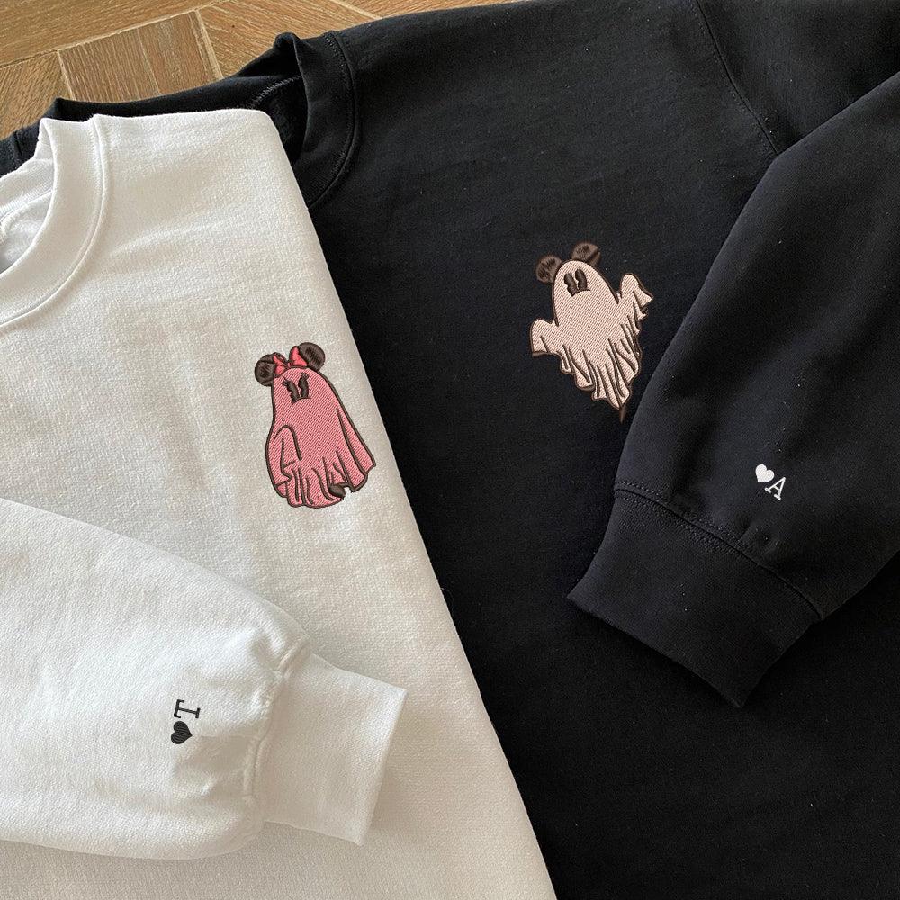 Custom Embroidered Halloween Sweatshirts For Couples, Custom Matching Couple Sweatshirt, Trick or Treat Ghost Mouses Couples Embroidered Sweater