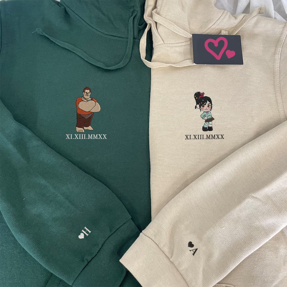 Custom Embroidered Roman Numeral Hoodies For Couples, Roman Numeral Date Hoodie, Cute Cartoon Couples Embroidered Hoodie V4