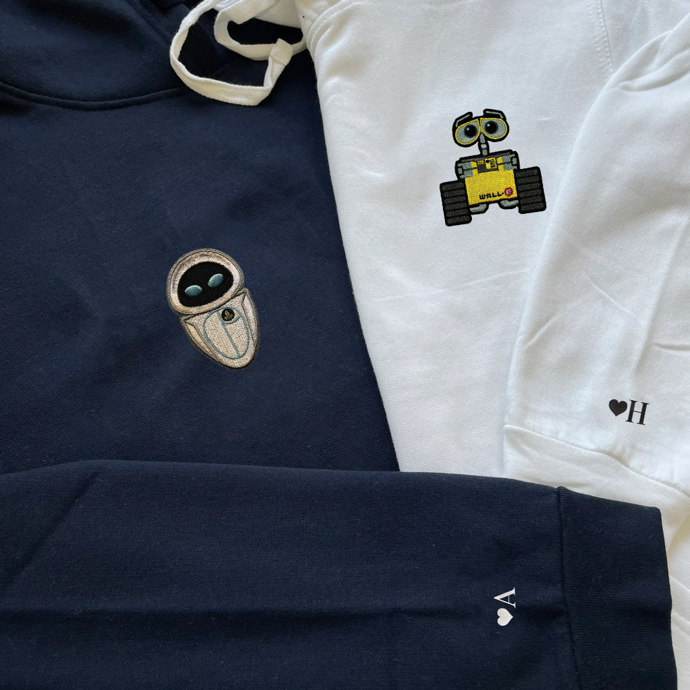 Custom Embroidered Hoodies For Couples, Personalized Couple Hoodies, His Her Hoodies, Cute Cartoon Wall E x Eva Couples Embroidered Hoodie