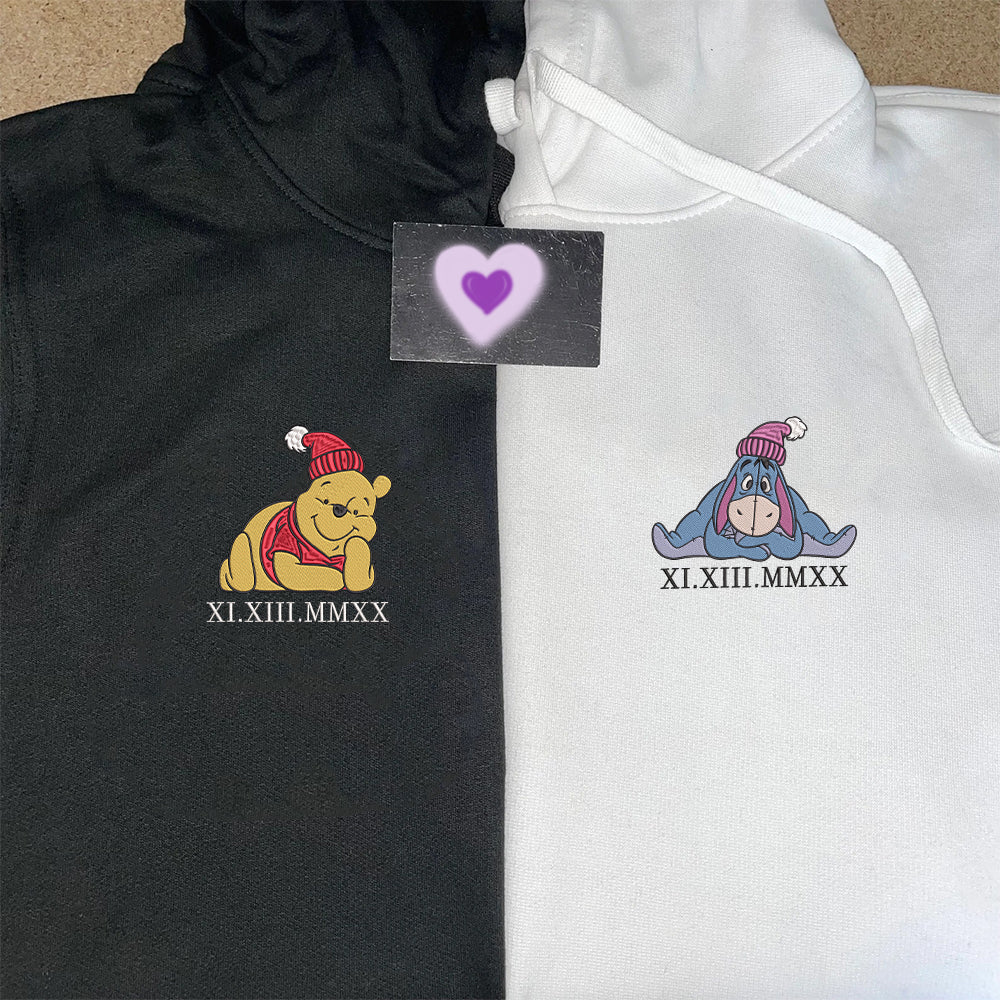 Custom Embroidered Roman Numeral Hoodies For Couples, Roman Numeral Date Hoodie, Christmas Bear Cartoon Couples Embroidered Hoodie