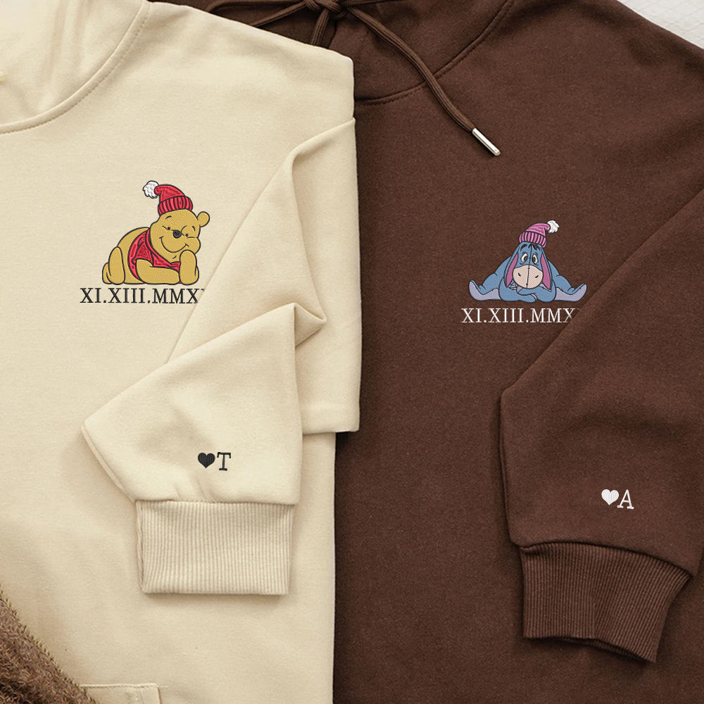 Custom Embroidered Roman Numeral Hoodies For Couples, Roman Numeral Date Hoodie, Christmas Bear Cartoon Couples Embroidered Hoodie