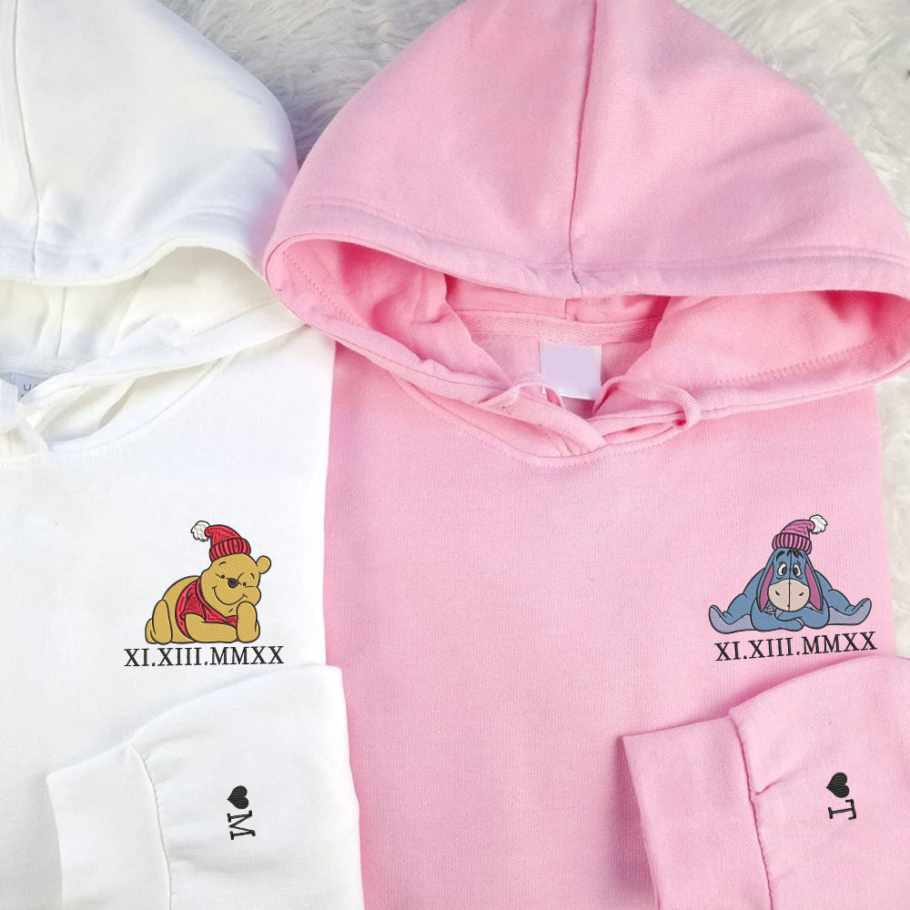 Custom Embroidered Roman Numeral Hoodies For Couples, Roman Numeral Date Hoodie, Christmas Bear Cartoon Couples Embroidered Hoodie