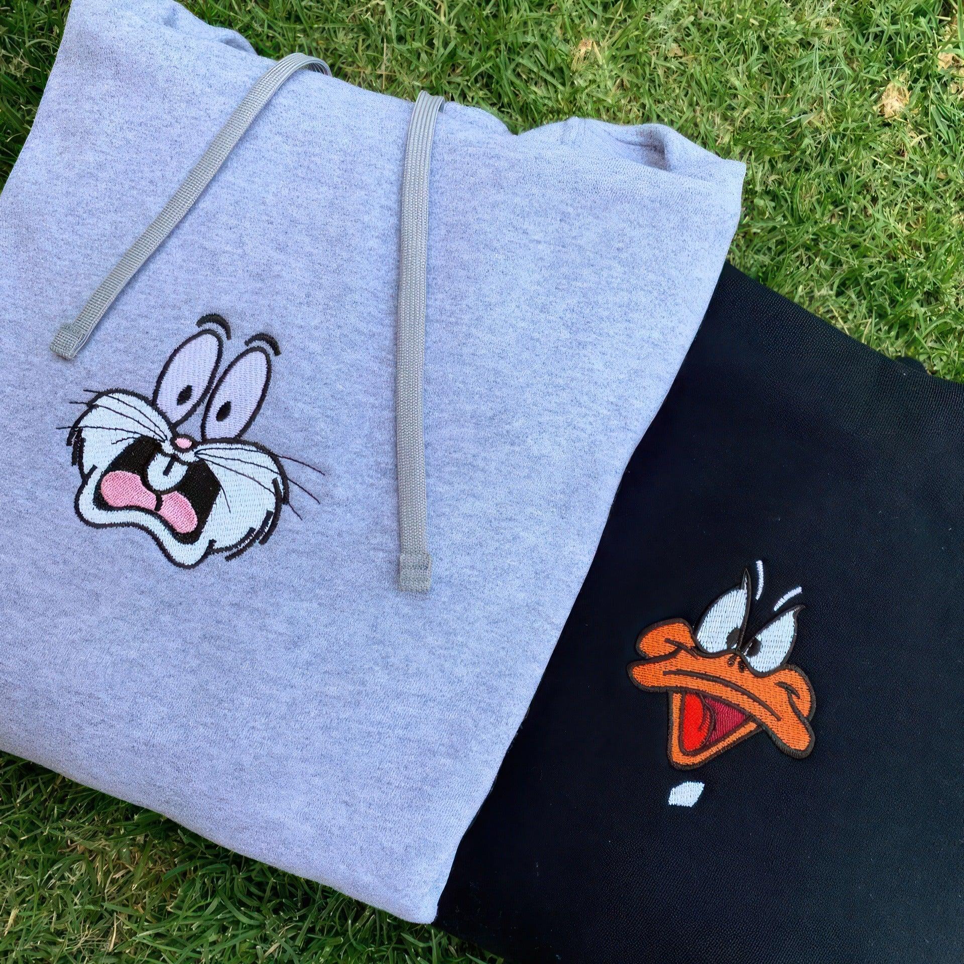 Custom Embroidered Sweatshirts For Couples, Custom Matching Couple Hoodies, Cartoon Bunny x Duck Inspired Couples Embroidered Matching Sweater