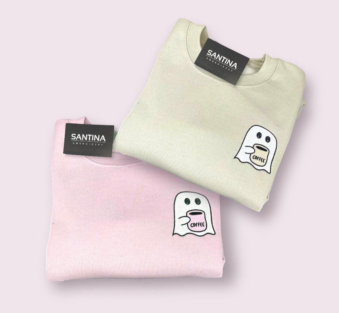 Custom Embroidered Halloweeen Hoodies For Couples, Halloween Couples Cute Sheet Ghost with Coffee Embroidered Hoodie, Ghost Spooky Hoodie