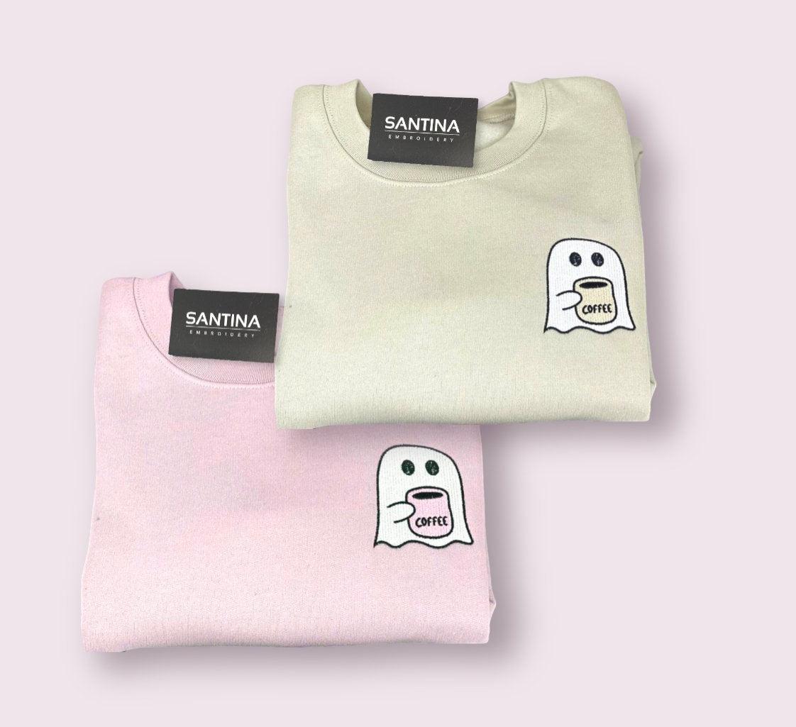 Custom Embroidered Halloweeen Sweatshirts For Couples, Halloween Couples Cute Sheet Ghost with Coffee Embroidered Sweatshirt, Ghost Spooky Sweater