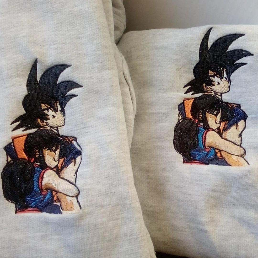 Custom Embroidered Sweatshirts For Couples, Custom Matching Couple Hoodies, Chichi Hug Goku Cartoon Couples Embroidered Matching Sweater