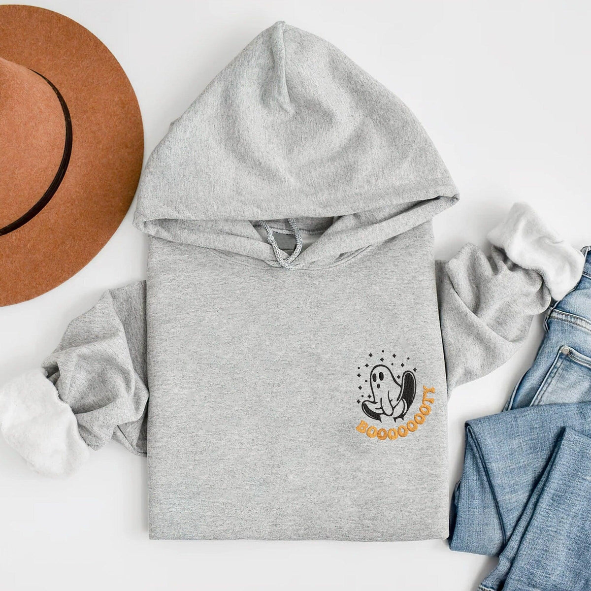 Custom Halloween Embroidered Sweatshirts For Couples, Custom Matching Couple Hoodies, Ghost Booooty Couples Embroidered Matching Sweater