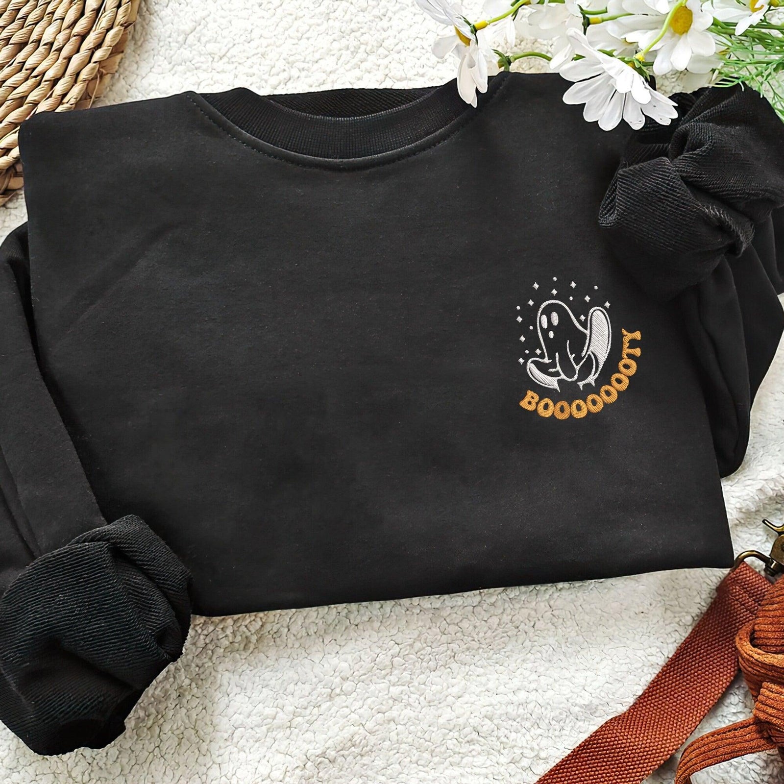 Custom Halloween Embroidered Sweatshirts For Couples, Custom Matching Couple Hoodies, Ghost Booooty Couples Embroidered Matching Sweater