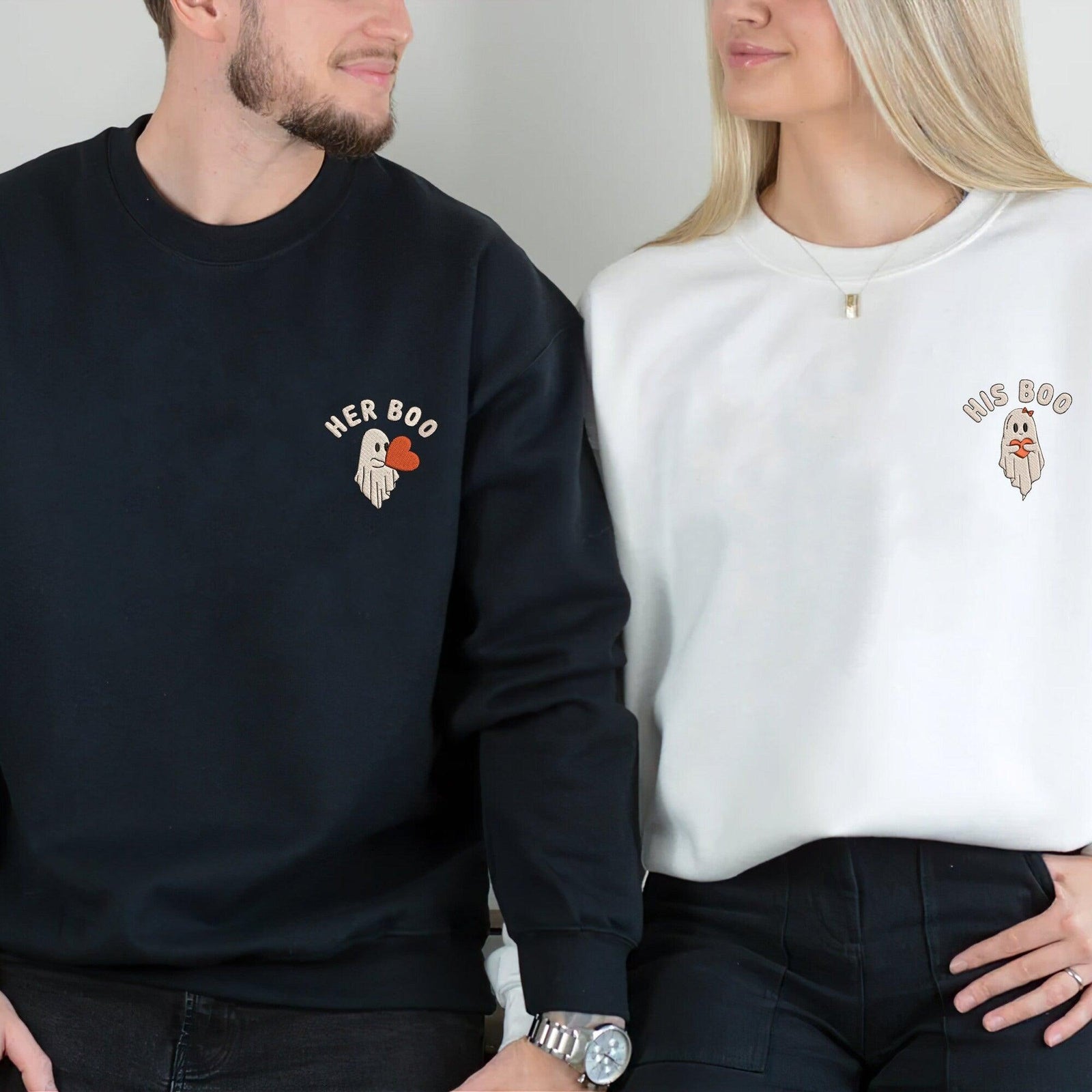 Custom Halloween Embroidered Sweatshirts For Couples, Custom Matching Couple Hoodies, Ghost Her His Boo Couples Embroidered Matching Sweater
