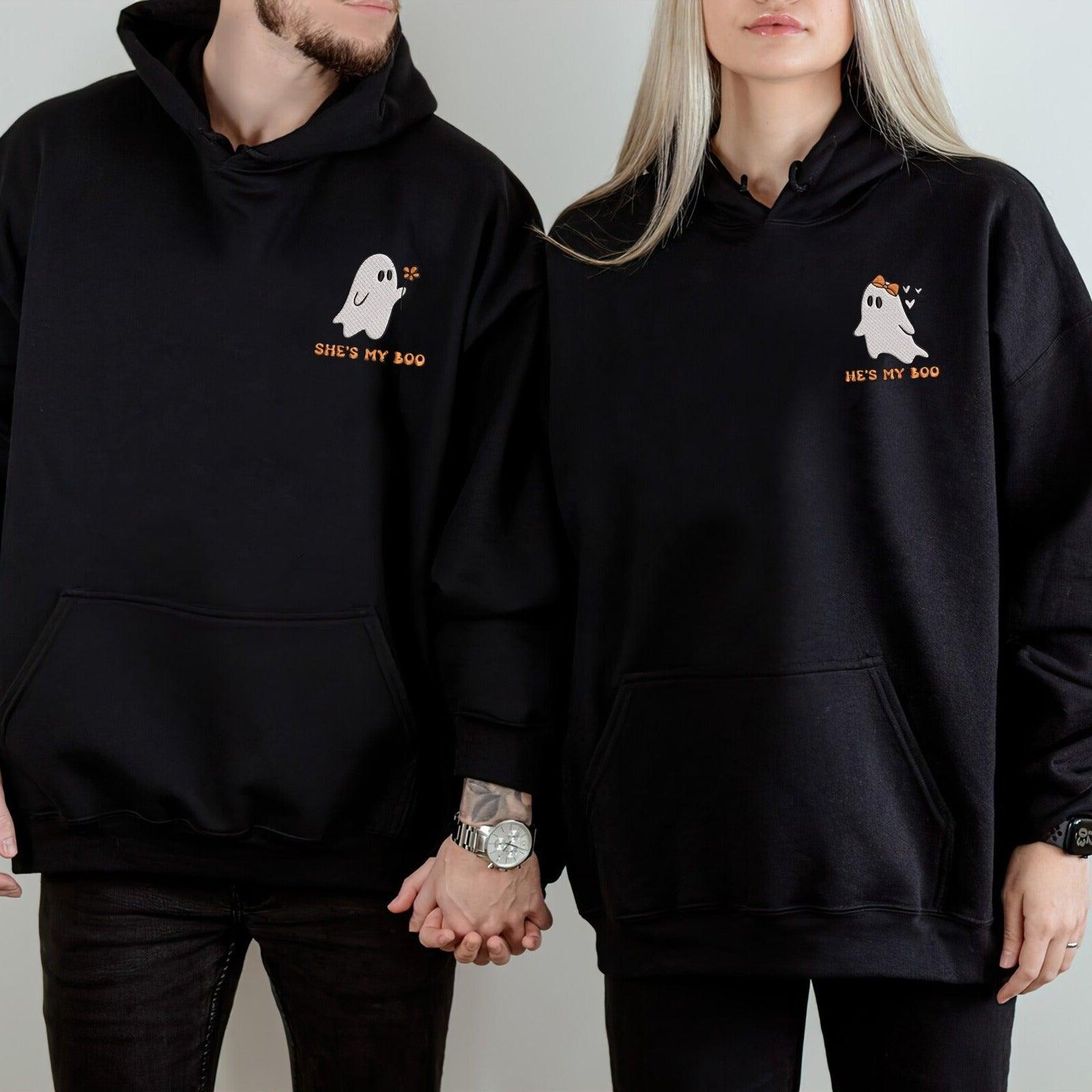 Custom Halloween Embroidered Sweatshirts For Couples, Custom Matching Couple Hoodies, Ghost My Boo Couples Embroidered Matching Sweater