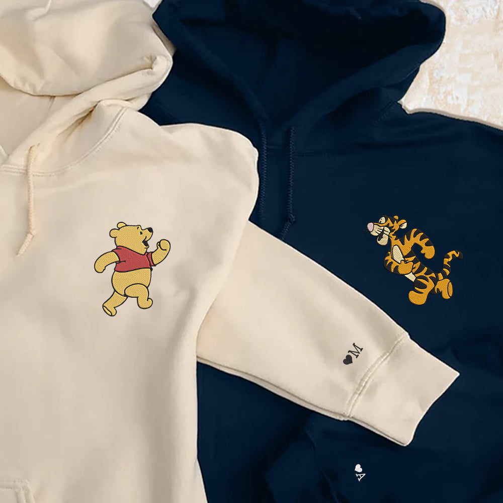 Custom Embroidered Hoodies For Couples, Personalized Couple Hoodies, His Her Hoodies, Cute Bear Tiger Couples Embroidered Hoodie