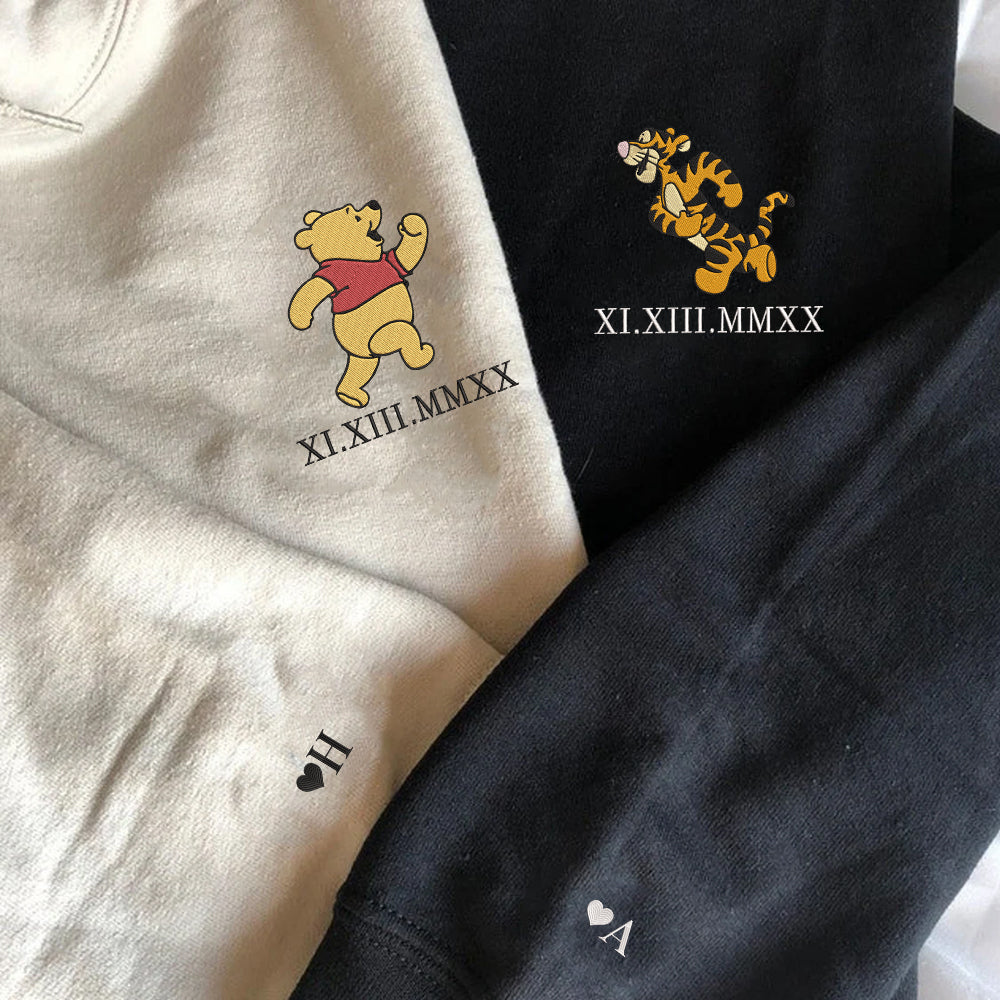 Custom Embroidered Roman Numeral Hoodies For Couples, Roman Numeral Date Hoodie, Cartoon Tiger x Bear Couples Embroidered Hoodie