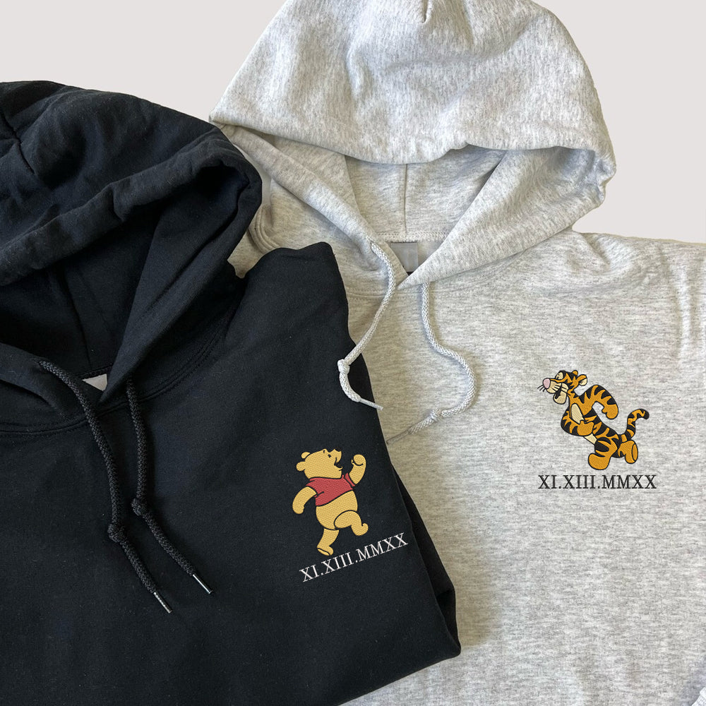 Custom Embroidered Roman Numeral Hoodies For Couples, Roman Numeral Date Hoodie, Cartoon Tiger x Bear Couples Embroidered Hoodie